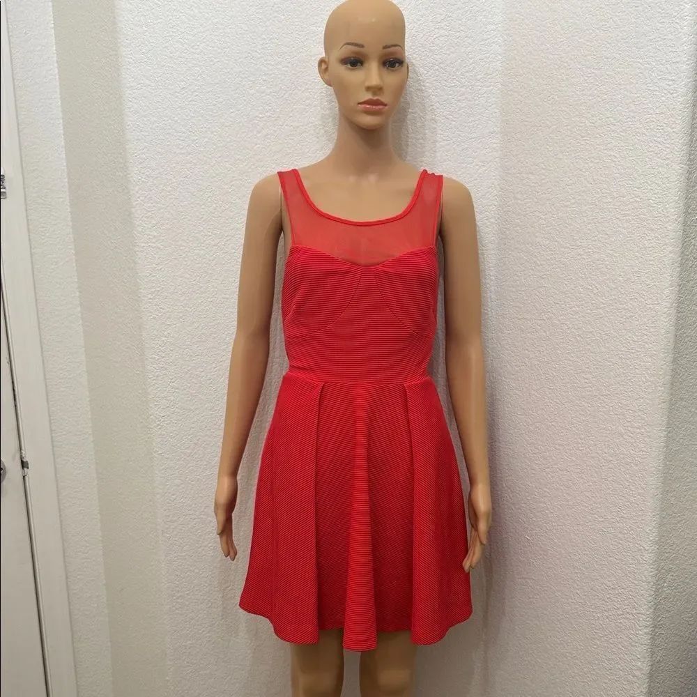BCBGeneration Red Mini Dress Sz 4 Sheer Scoop Neck Ribbed Open Tie Back